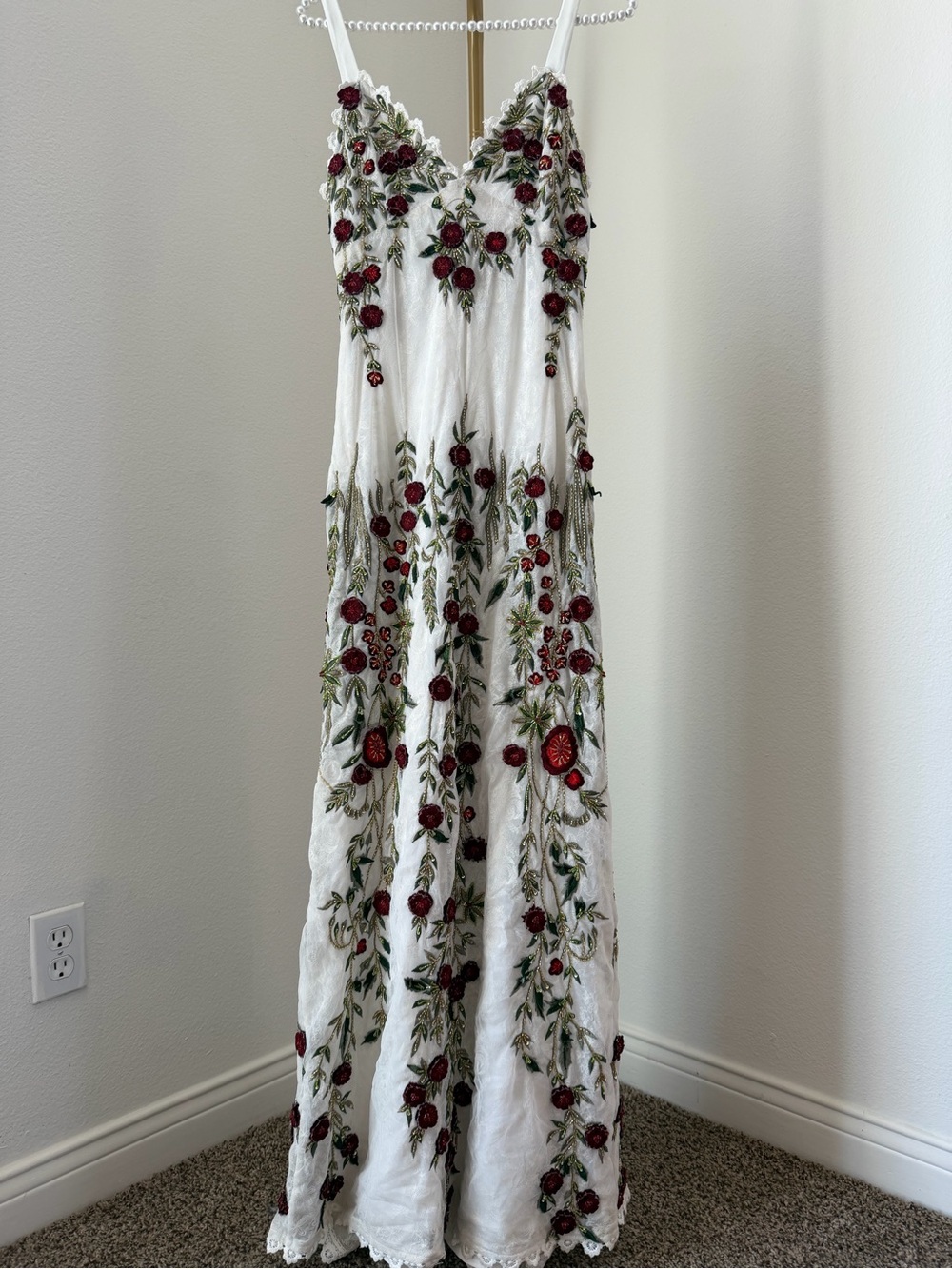 Embroidered White Maxi Dress with Red Floral Detail